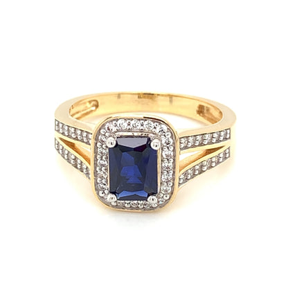 9ct Gold Syn Sapphire & CZ Rectangular Halo Split Shank Ring GRS225