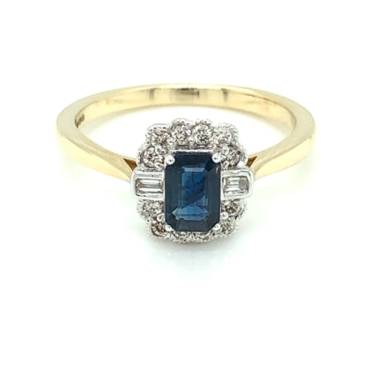 9ct Gold Sapphire & Diamond 0.20ct Rectangular Vintage Lace Ring GRS230