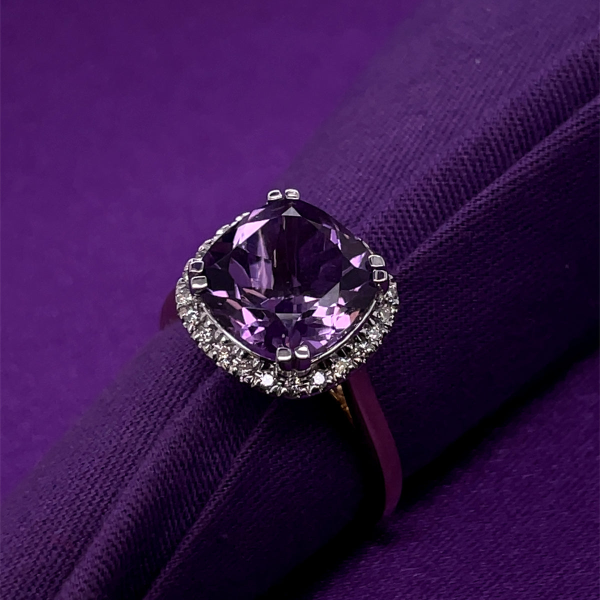 9ct Gold Amethyst & Diamond Cushion Cluster Ring GRX304