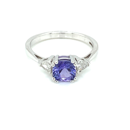 14ct White Gold Tanzanite Cushion & Diamond Trigon Ring WRX073