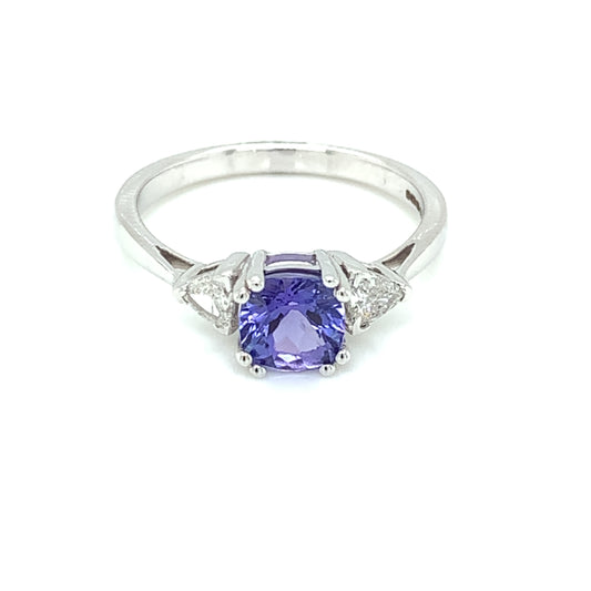 14ct White Gold Tanzanite Cushion & Diamond Trigon Ring WRX073