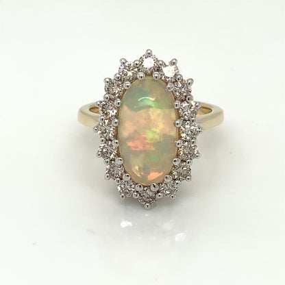 14ct Gold Real Opal & Diamond 1.00ct Cluster Ring GRL48