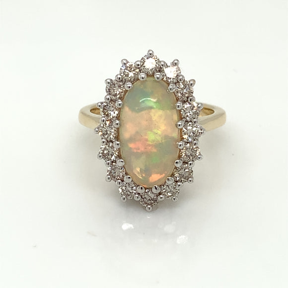 14ct Gold Real Opal & Diamond 1.00ct Cluster Ring GRL48