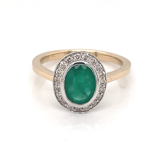 9ct Gold Emerald & Diamond Halo Ring GRE136