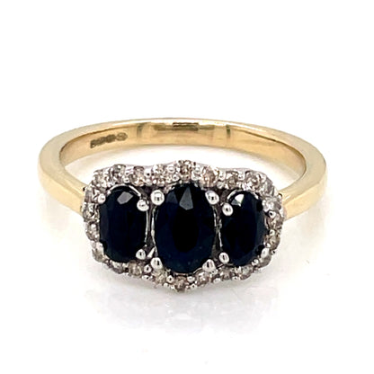 9ct Gold Three Sapphire & Diamond Halo Ring GRS260