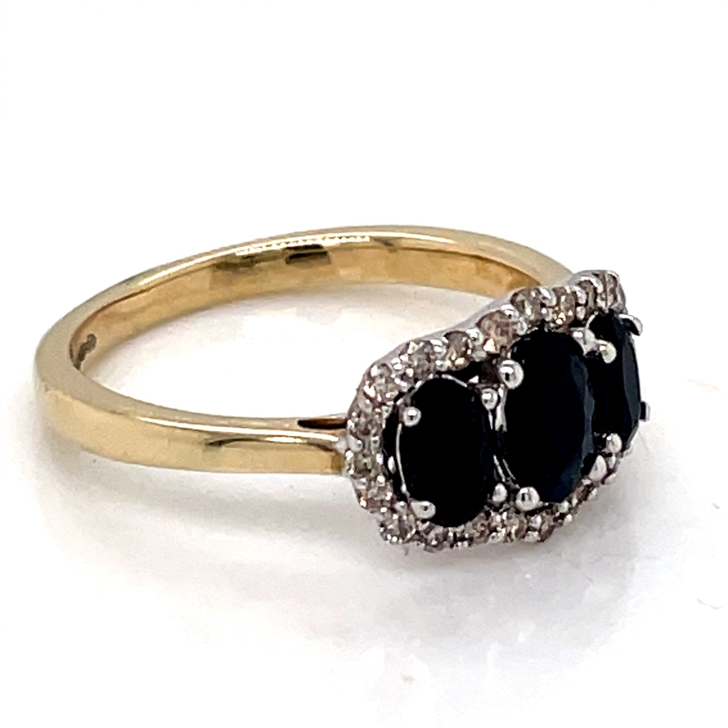 9ct Gold Three Sapphire & Diamond Halo Ring GRS260