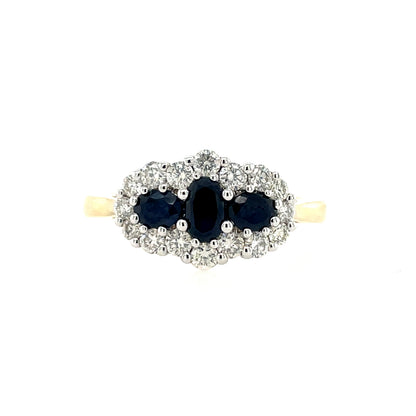 9ct Gold Three Sapphire & Diamond Halo Ring GRS292