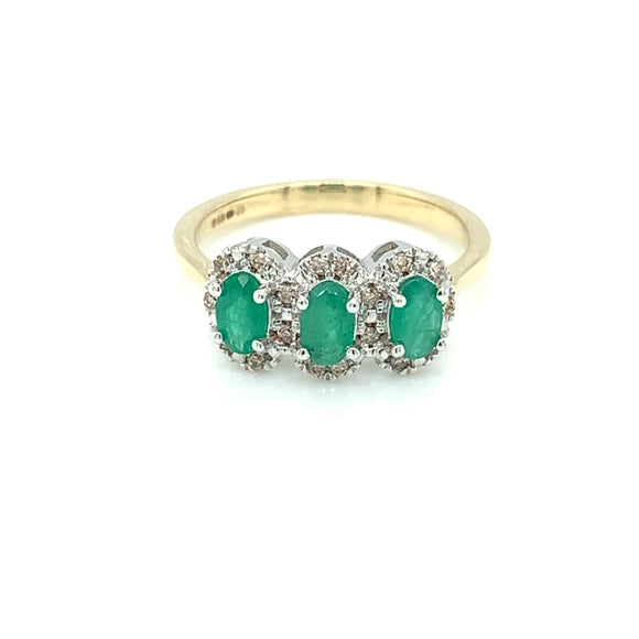 9ct Gold Emerald & Diamond 3 Halo Ring GRE119