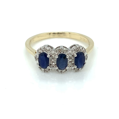 9ct Gold Sapphire & Diamond 3 Halo Ring GRS232