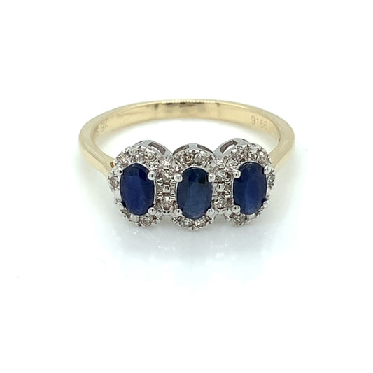 9ct Gold Sapphire & Diamond 3 Halo Ring GRS232