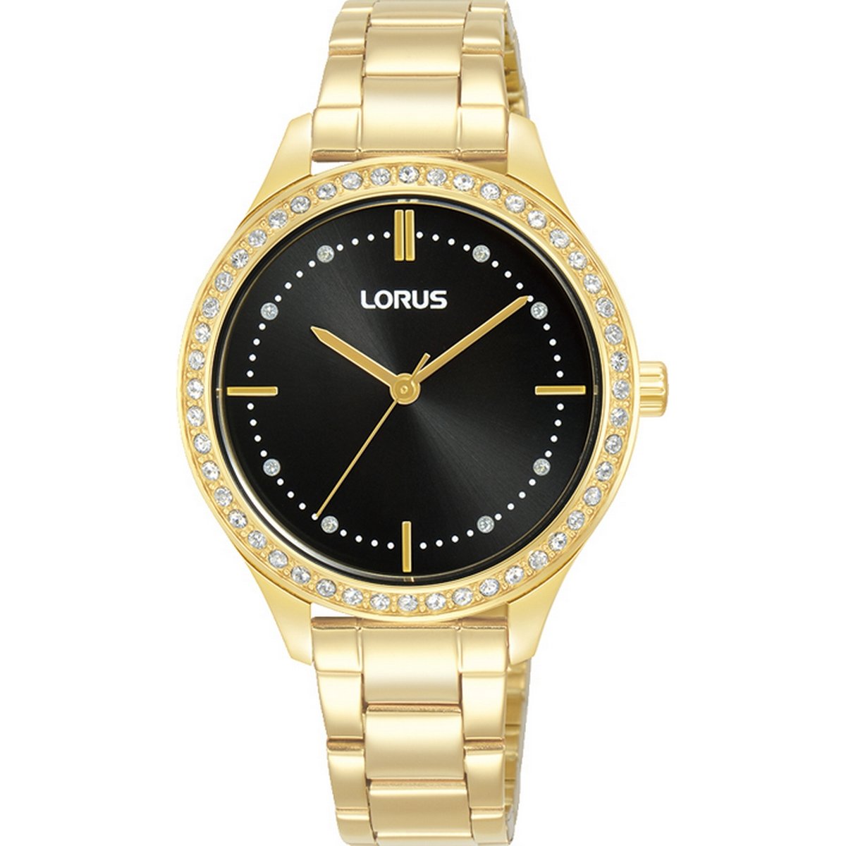 LORUS QUARTZ LADIES GOLD PLATED BLACK DIAL BRACELET WATCH RG230XX9
