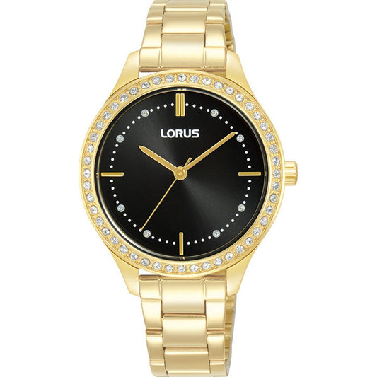LORUS QUARTZ LADIES GOLD PLATED BLACK DIAL BRACELET WATCH RG230XX9