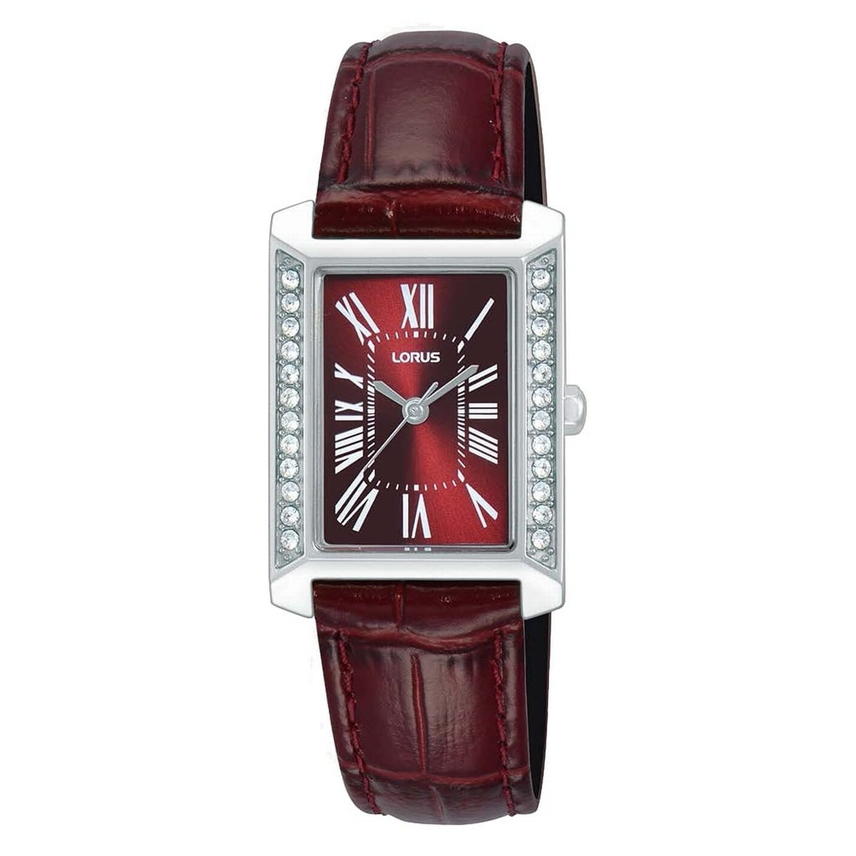 LORUS QUARTZ LADIES STAINLESS STEEL BURGUNDY DIAL STRAP WATCH RG239YX9