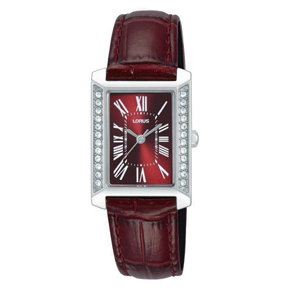 LORUS QUARTZ LADIES STAINLESS STEEL BURGUNDY DIAL STRAP WATCH RG239YX9