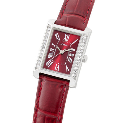 LORUS QUARTZ LADIES STAINLESS STEEL BURGUNDY DIAL STRAP WATCH RG239YX9
