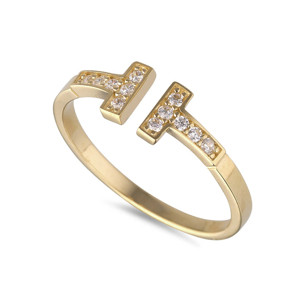 9ct Gold CZ Double T Ring GRZ321