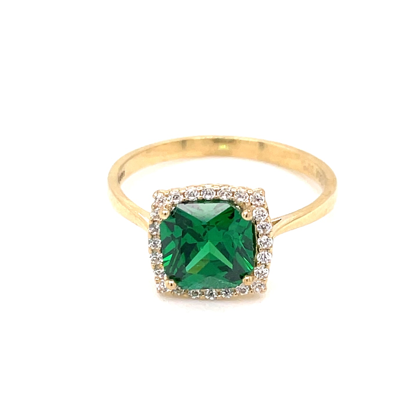 9ct Gold Synthetic Emerald & CZ Cushion Halo Ring GRE134