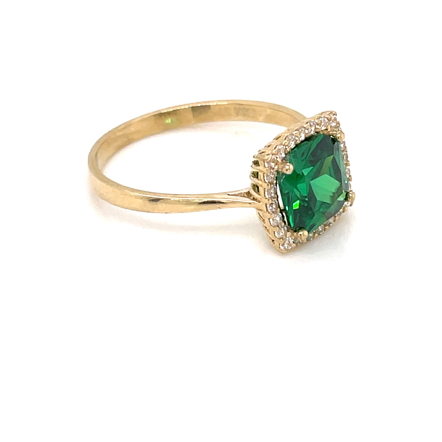 9ct Gold Synthetic Emerald & CZ Cushion Halo Ring GRE134