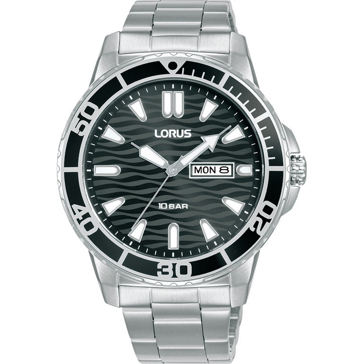 LORUS QUARTZ GENTS STAINLESS STEEL BLACK DIAL BRACELET WATCH RH355AX9