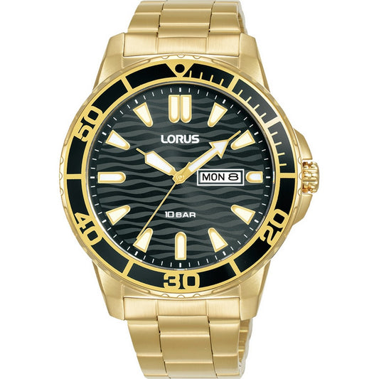 LORUS QUARTZ GENTS GOLD PLATED BLACK DIAL BRACELET WATCH RH362AX9