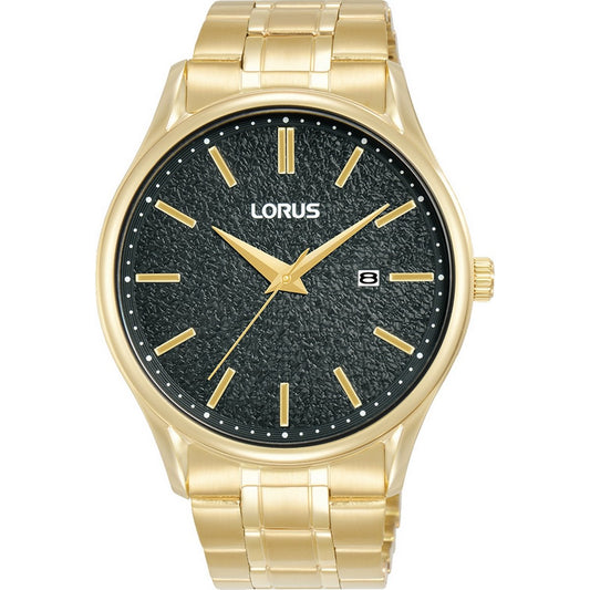 LORUS QUARTZ GENTS TGOLD PLATED BLACK DIAL BRACELET WATCH RH934QX9