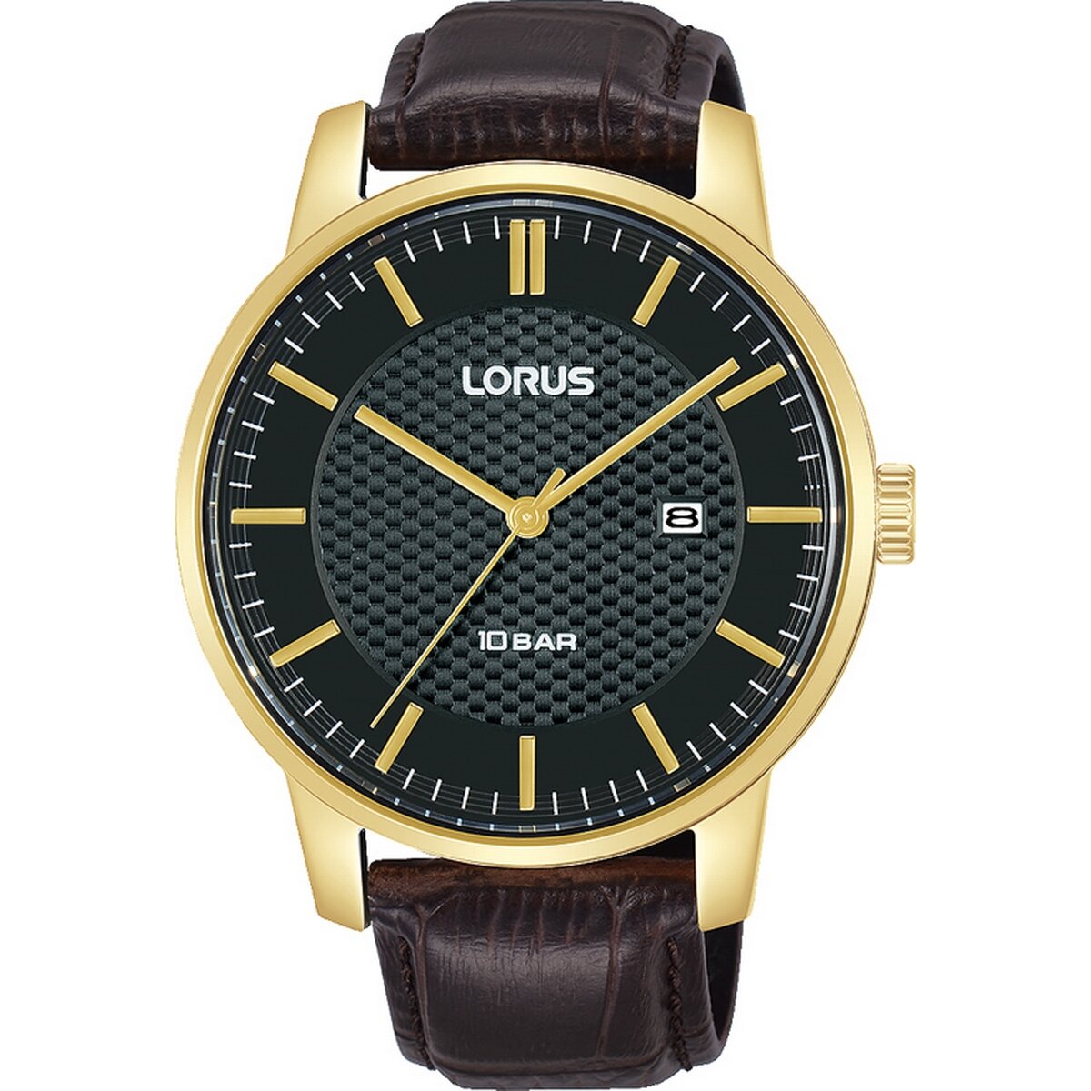 LORUS GENTS GOLD TONE BLACK CARBON DIAL BROWN STRAP WATCH RH980NX(