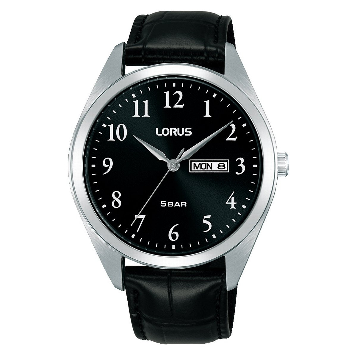 LORUS QUARTZ GENTS STAINLESS STEEL BLACK DIAL STRAP WATCH RJ671AX9