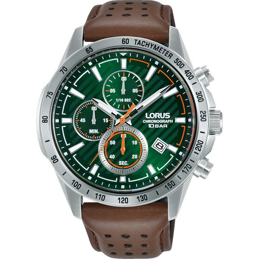 LORUS QUARTZ CHRONOGRAPH GENTS STAINLESS STEEL GREEN DIAL STRAP RM303JX9