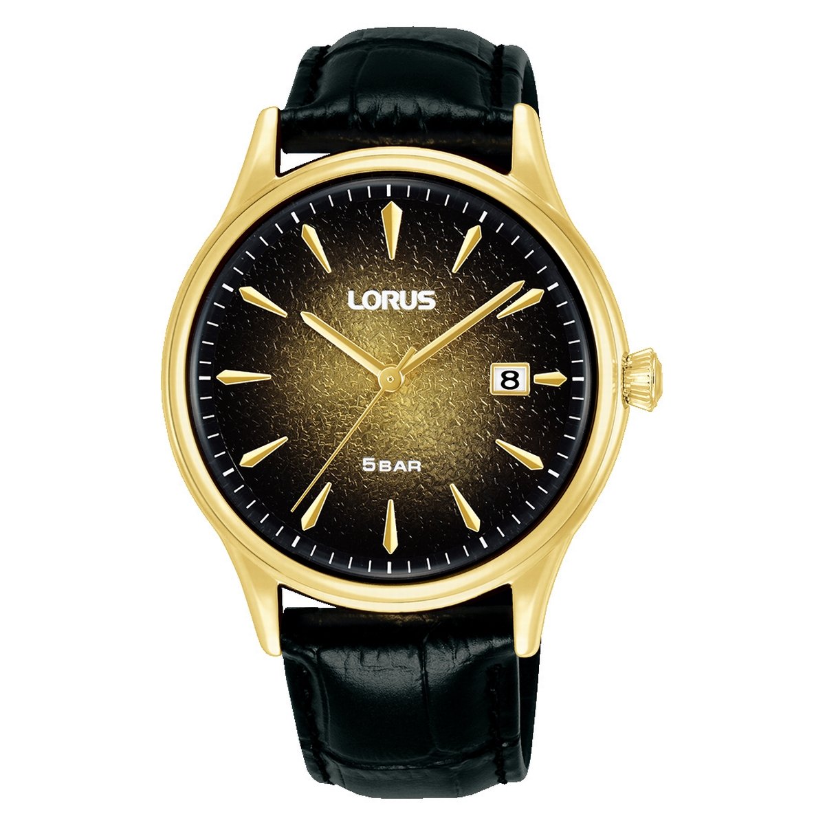 LORUS QUARTZ GENTS GOLD PLATED BLACK DIAL STRAP WATCH RS902EX9