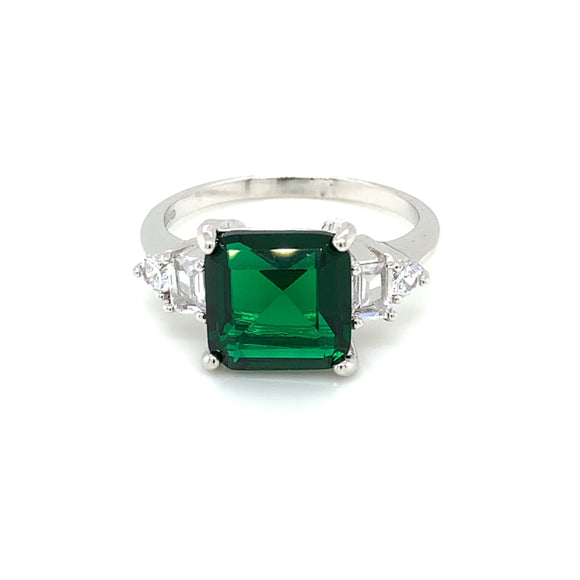 Sterling Silver Square Green CZ Ring RSE120
