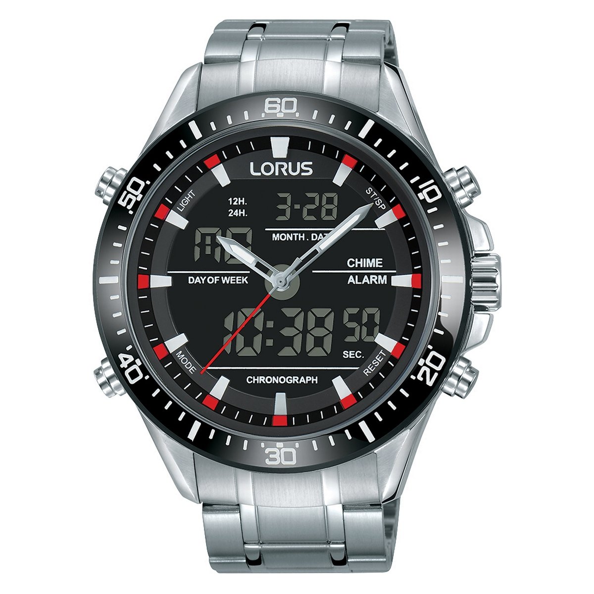 LORUS DUO TIME GENTS STAINLESS STEEL BRACELET WATCH RW635AX5