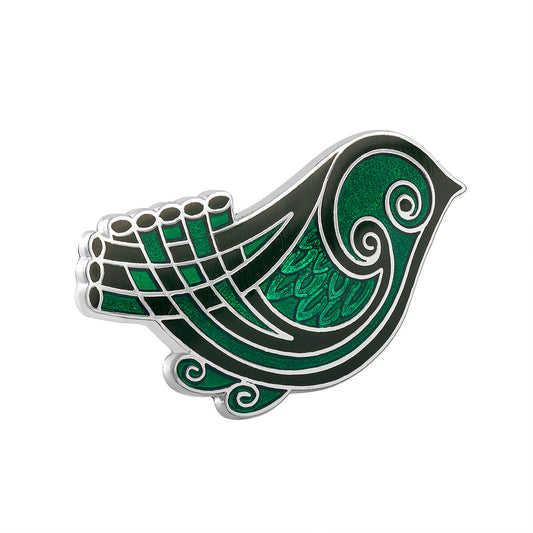 RHODIUM GREEN ENAMEL BIRD BROOCH S10001G