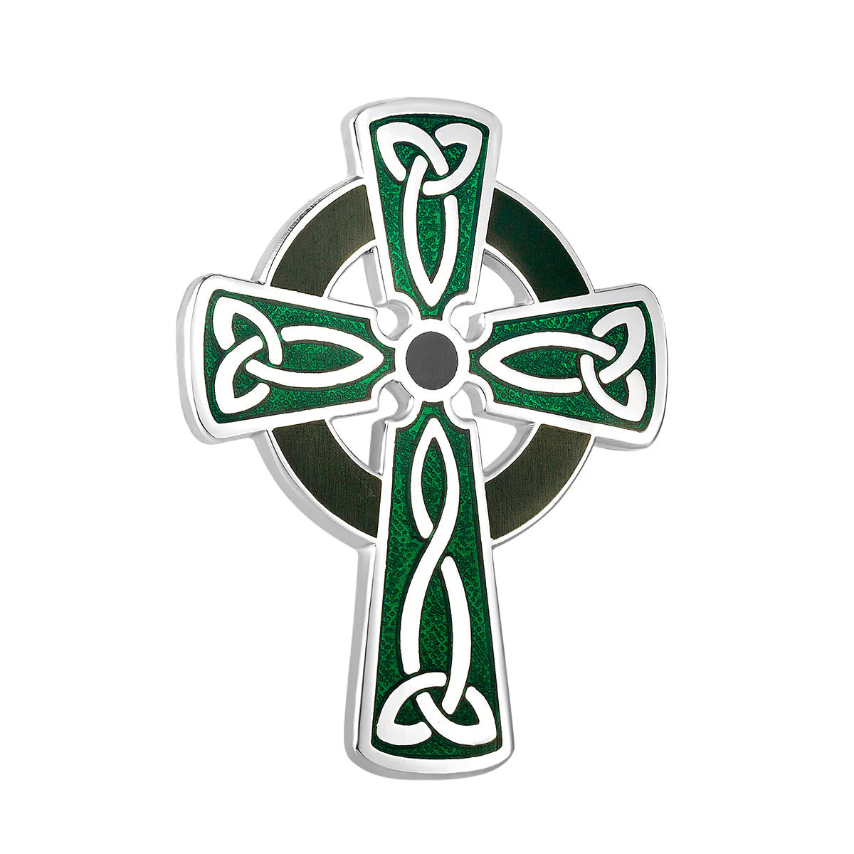 Rhodium Green Enamel Celtic Cross Brooch S10003G