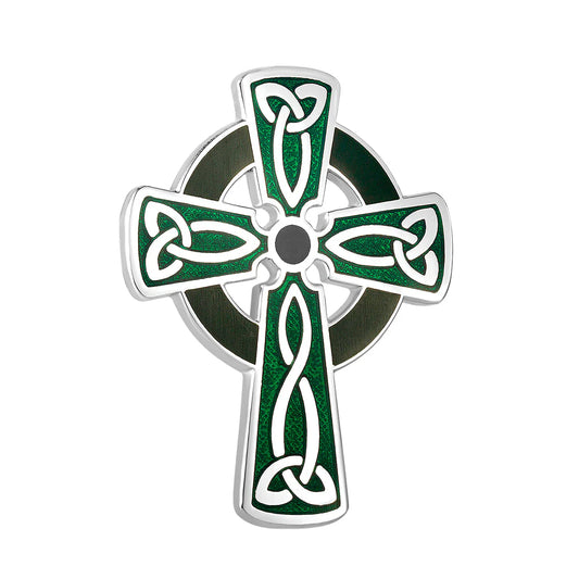 Rhodium Green Enamel Celtic Cross Brooch S10003G