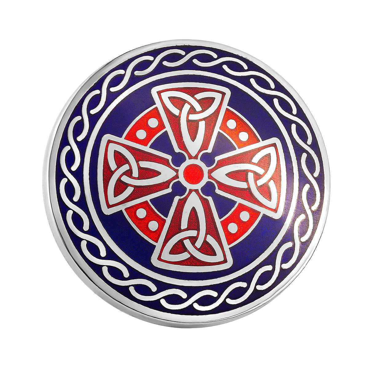 Rhodium Blue & Red Enamel Round Cross Brooch S10004B