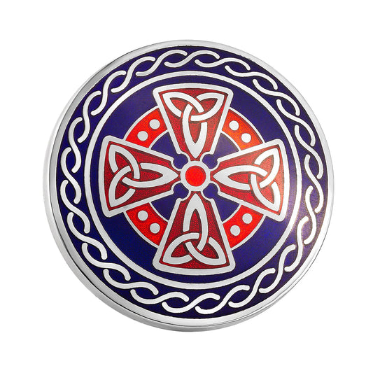 Rhodium Blue & Red Enamel Round Cross Brooch S10004B