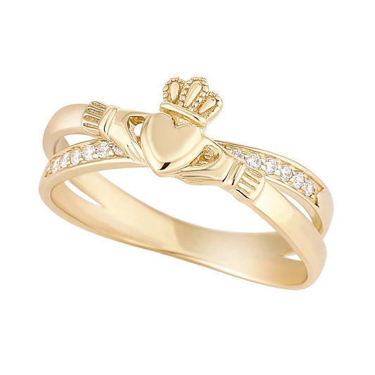 9ct Gold CZ Claddagh Kiss Ring GR425