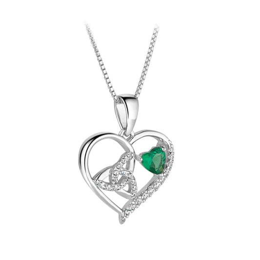 Sterling Silver Green Cz Trinity Knot Heart Necklace S47100