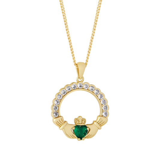 Gold Plated Green Crystal Claddagh Pendant S47425