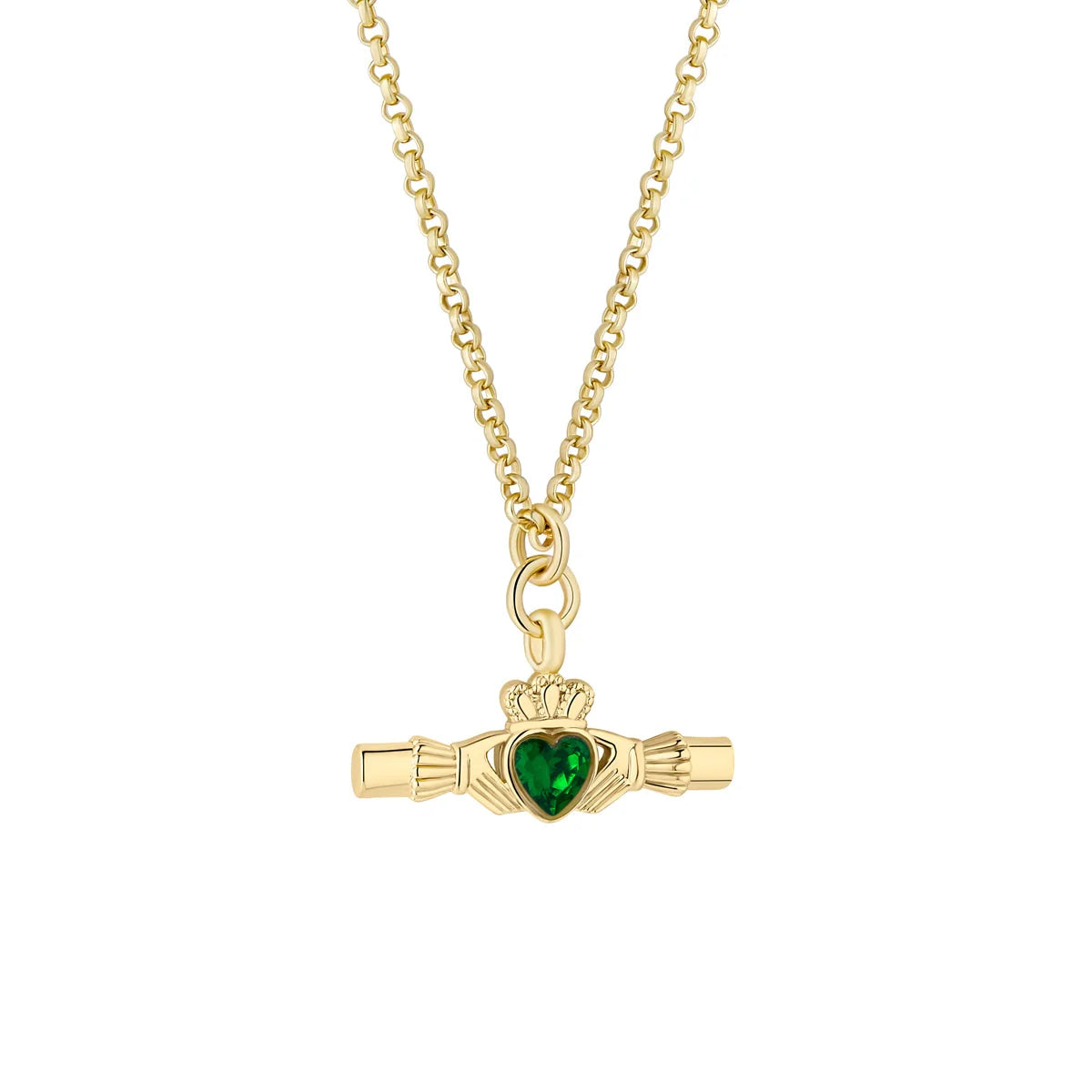 Gold Plated Green Crystal Large Claddagh T-Bar Pendant S47462