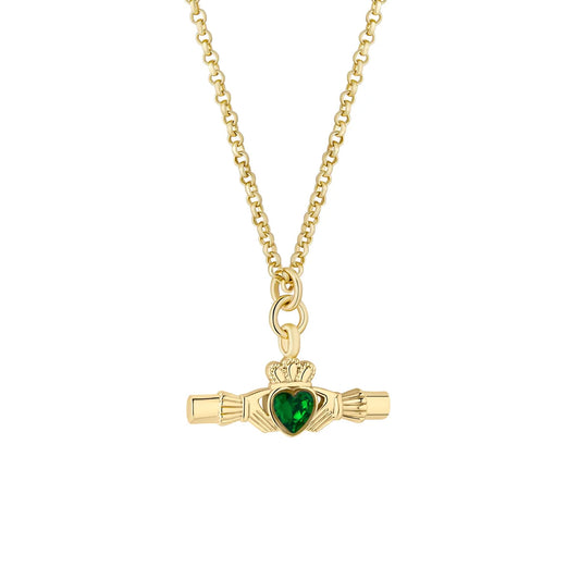 Gold Plated Green Crystal Large Claddagh T-Bar Pendant S47462