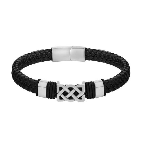 Rhodium Black Leather Celtic Knot Bracelet S50244