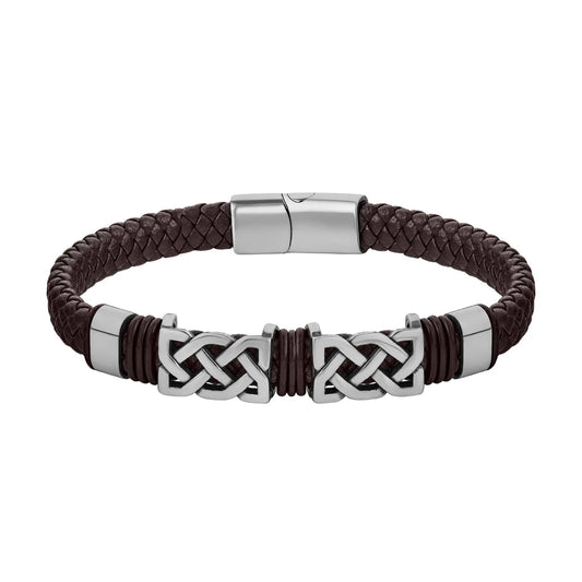 Rhodium Brown Leather Celtic Knot Bracelet S50245B