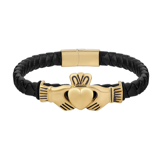 Mens Gold-plated Black Leather Claddagh Bracelet S50246G