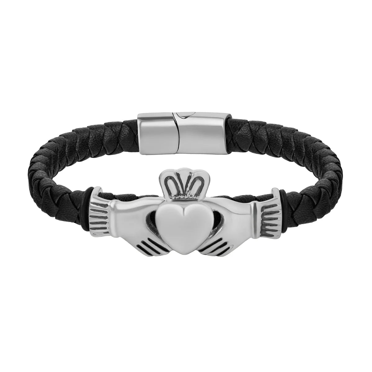 Mens Rhodium Black Leather Claddagh Bracelet S50246