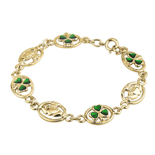 Gold Plated Enamel Shamrock & Claddagh Bracelet S5153