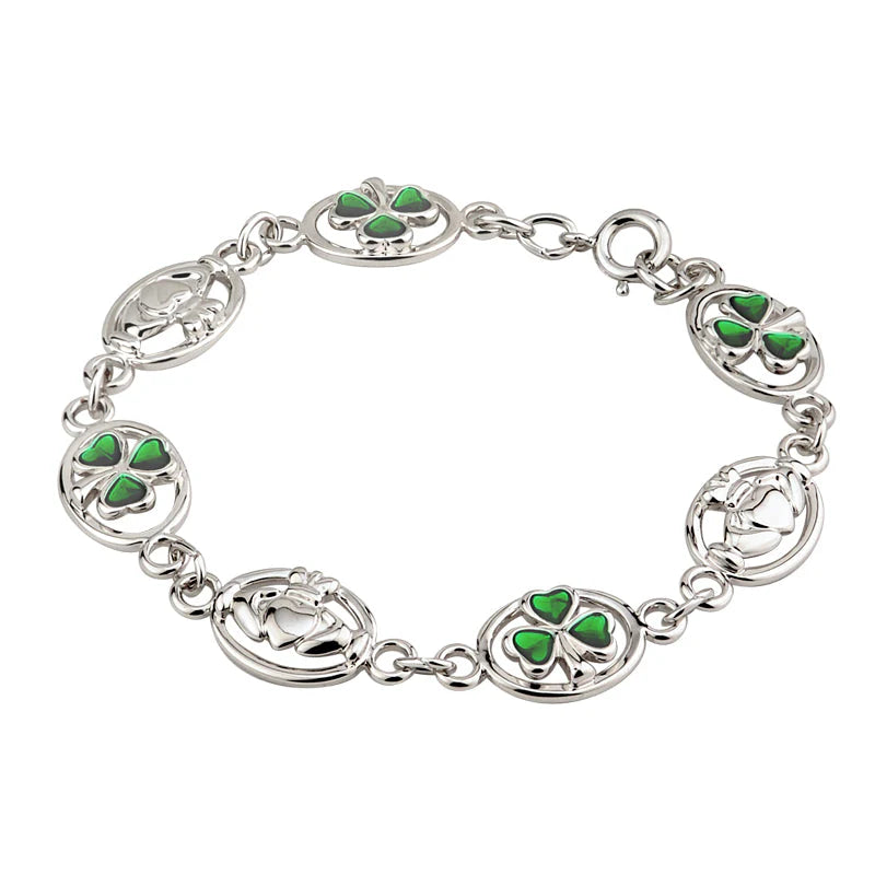 RHODIUM PLATED ENAMEL CLADDAGH & SHAMROCK BRACELET S5514