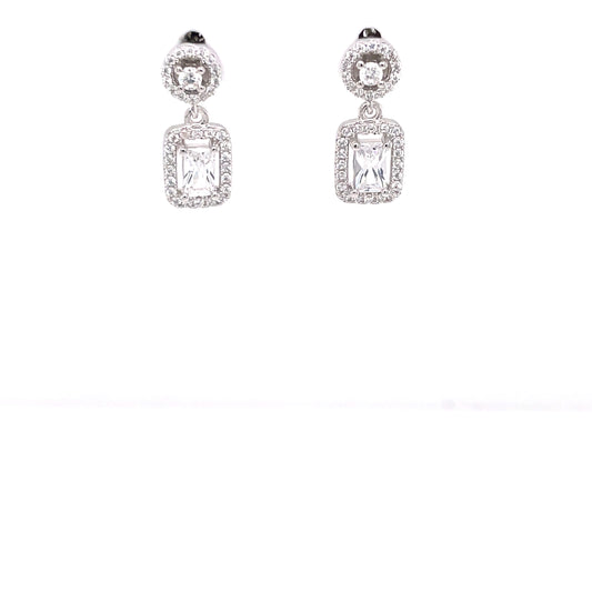 Sterling Silver CZ Halo Rectangle Drop Earrings SE3328