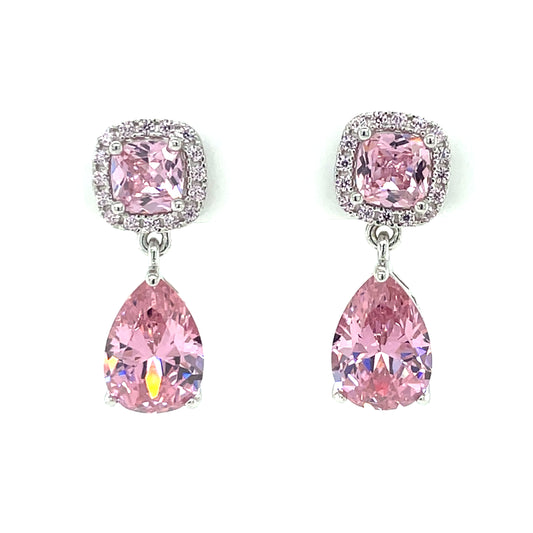 Sterling Silver Pink CZ Drop Cluster Drop Earrings SE618
