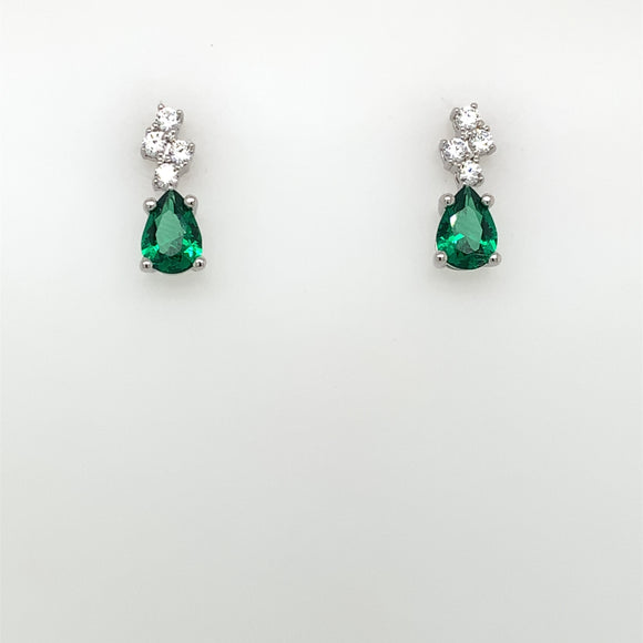 Sterling Silver Emerald CZ Teardrop Stud Earrings